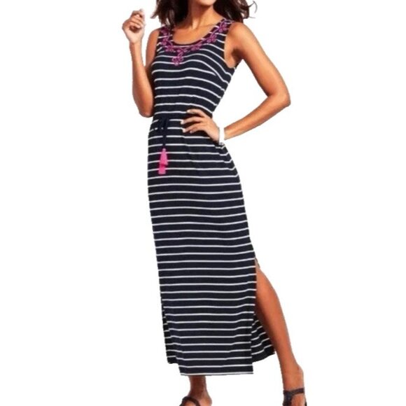 Talbots Navy Blue White Striped Pink Embroidered Maxi Dress PM Mp Tie - Picture 1 of 8